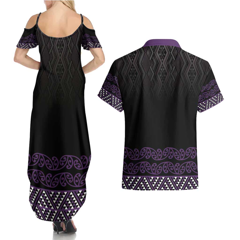 Maori Taniko Patterns Couples Matching Summer Maxi Dress and Hawaiian Shirt Purple Niho Taniwha Mix Paatiki Motifs LT7 - Polynesian Pride