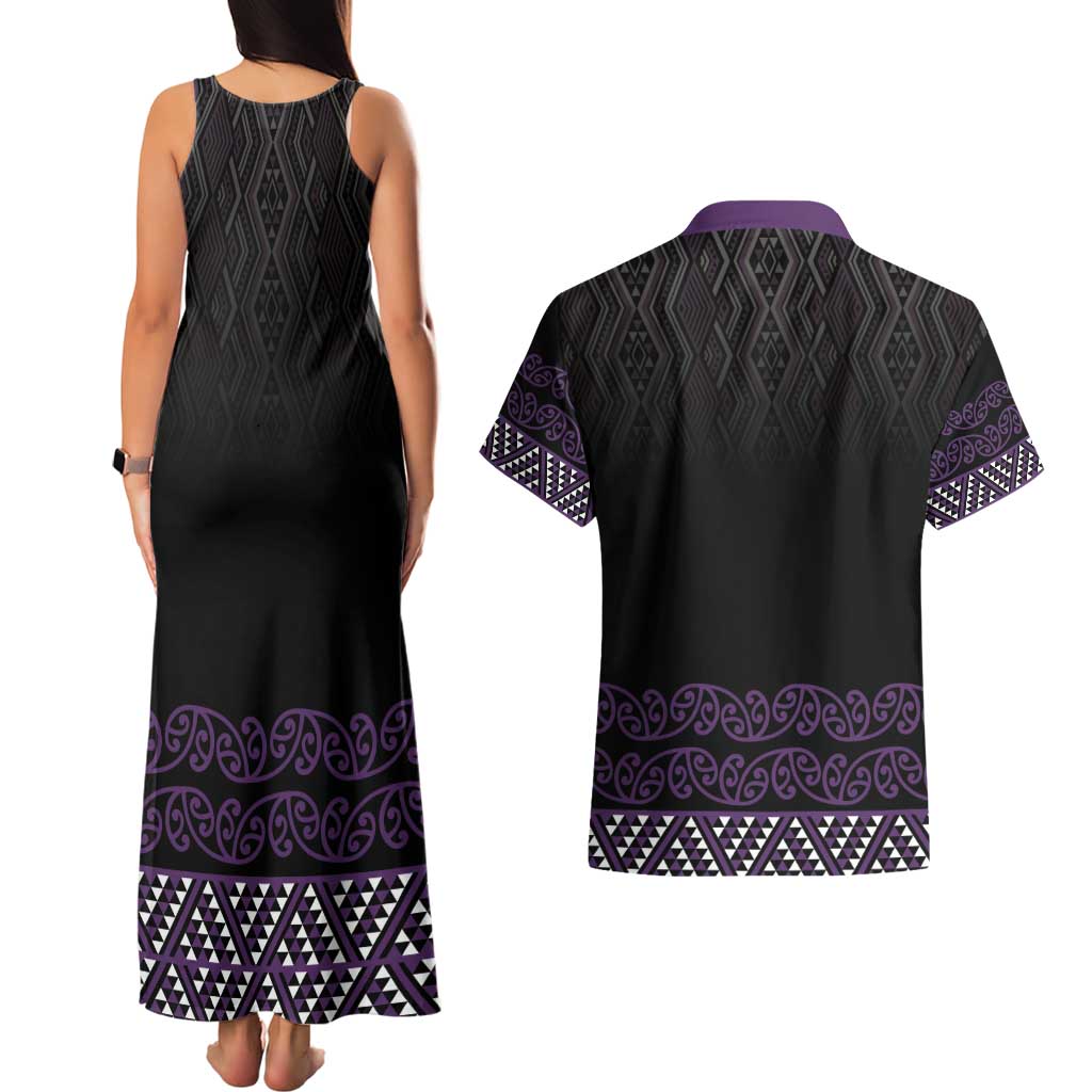 Maori Taniko Patterns Couples Matching Tank Maxi Dress and Hawaiian Shirt Purple Niho Taniwha Mix Paatiki Motifs LT7 - Polynesian Pride