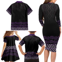 Maori Taniko Patterns Family Matching Long Sleeve Bodycon Dress and Hawaiian Shirt Purple Niho Taniwha Mix Paatiki Motifs LT7 - Polynesian Pride