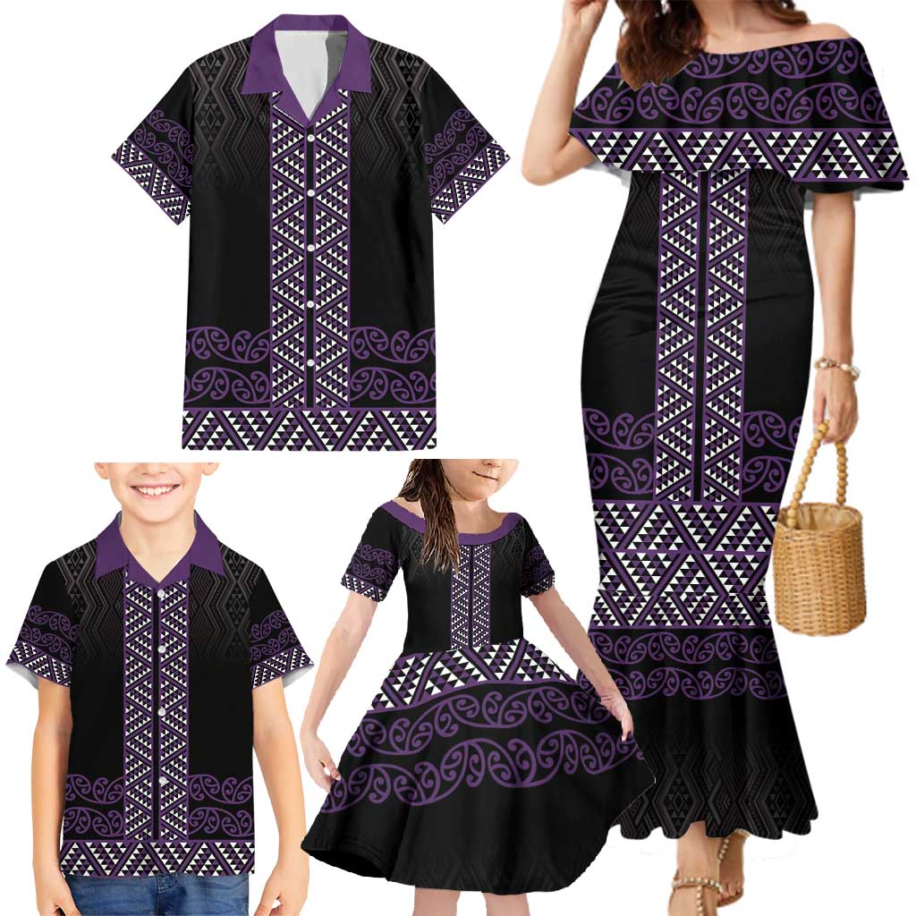 Maori Taniko Patterns Family Matching Mermaid Dress and Hawaiian Shirt Purple Niho Taniwha Mix Paatiki Motifs LT7 - Polynesian Pride