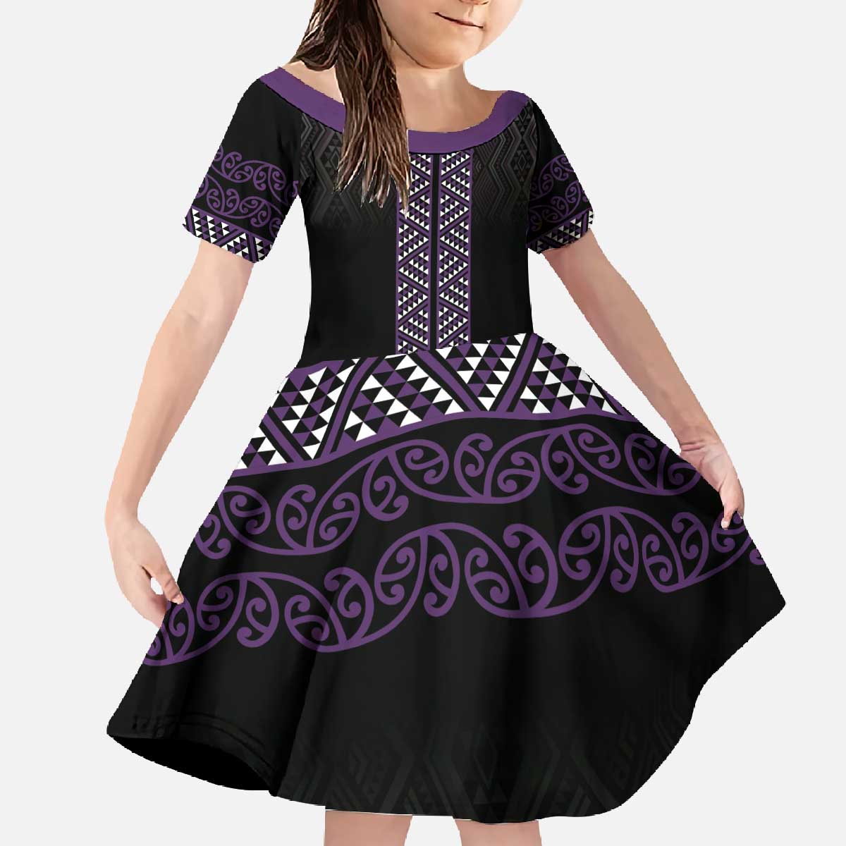 Maori Taniko Patterns Family Matching Off The Shoulder Long Sleeve Dress and Hawaiian Shirt Purple Niho Taniwha Mix Paatiki Motifs