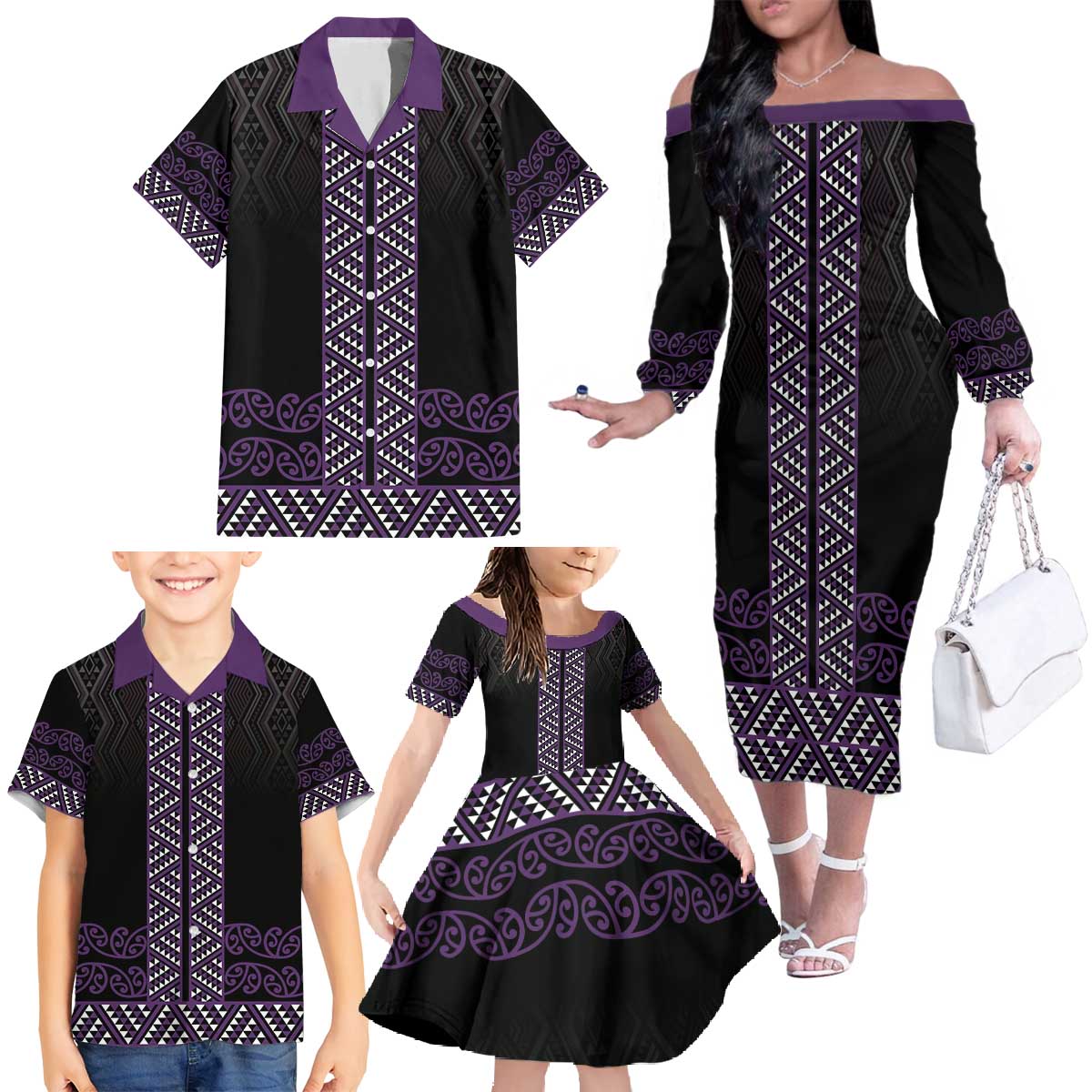 Maori Taniko Patterns Family Matching Off The Shoulder Long Sleeve Dress and Hawaiian Shirt Purple Niho Taniwha Mix Paatiki Motifs