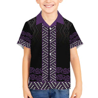 Maori Taniko Patterns Family Matching Off The Shoulder Long Sleeve Dress and Hawaiian Shirt Purple Niho Taniwha Mix Paatiki Motifs