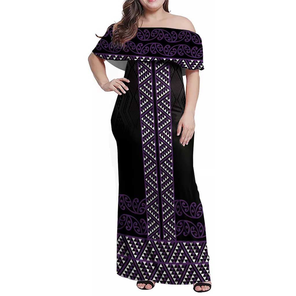 Maori Taniko Patterns Family Matching Off Shoulder Maxi Dress and Hawaiian Shirt Purple Niho Taniwha Mix Paatiki Motifs