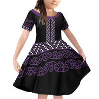 Maori Taniko Patterns Family Matching Off Shoulder Short Dress and Hawaiian Shirt Purple Niho Taniwha Mix Paatiki Motifs
