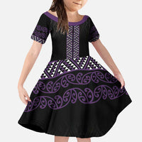 Maori Taniko Patterns Family Matching Short Sleeve Bodycon Dress and Hawaiian Shirt Purple Niho Taniwha Mix Paatiki Motifs LT7 Daughter's Dress Purple - Polynesian Pride