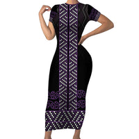 Maori Taniko Patterns Family Matching Short Sleeve Bodycon Dress and Hawaiian Shirt Purple Niho Taniwha Mix Paatiki Motifs LT7 Mom's Dress Purple - Polynesian Pride