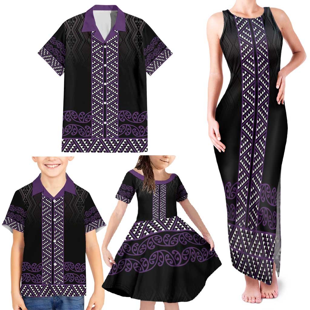 Maori Taniko Patterns Family Matching Tank Maxi Dress and Hawaiian Shirt Purple Niho Taniwha Mix Paatiki Motifs LT7 - Polynesian Pride