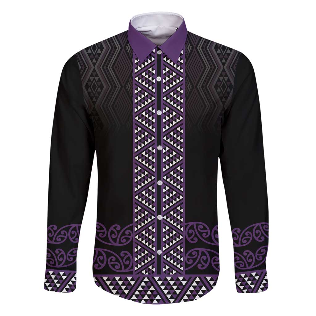 Maori Taniko Patterns Family Matching Tank Maxi Dress and Hawaiian Shirt Purple Niho Taniwha Mix Paatiki Motifs LT7 Dad's Shirt - Long Sleeve Purple - Polynesian Pride