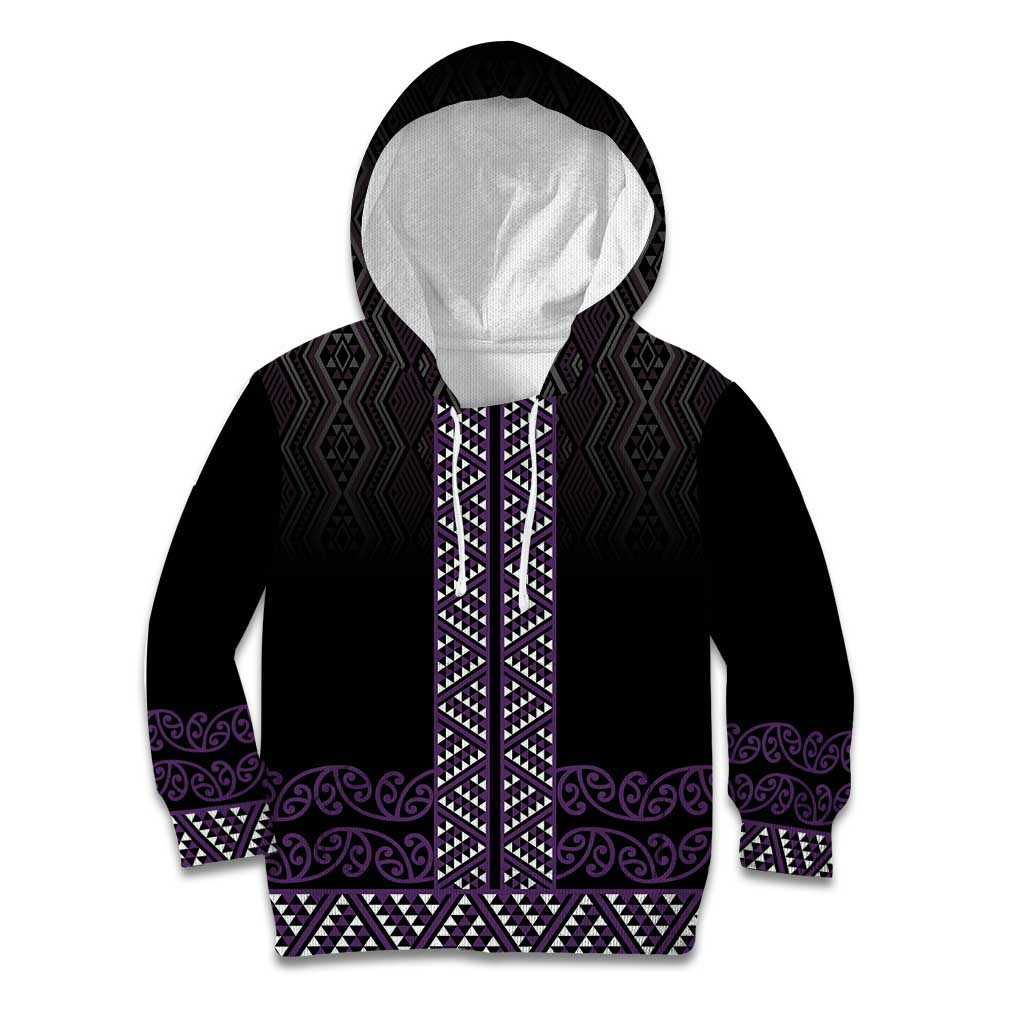 Maori Taniko Patterns Kid Hoodie Purple Niho Taniwha Mix Paatiki Motifs