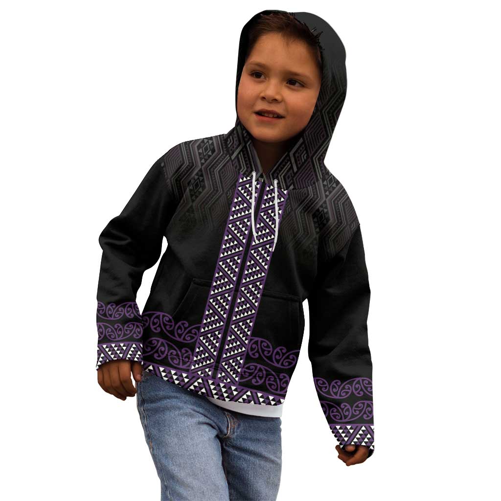 Maori Taniko Patterns Kid Hoodie Purple Niho Taniwha Mix Paatiki Motifs