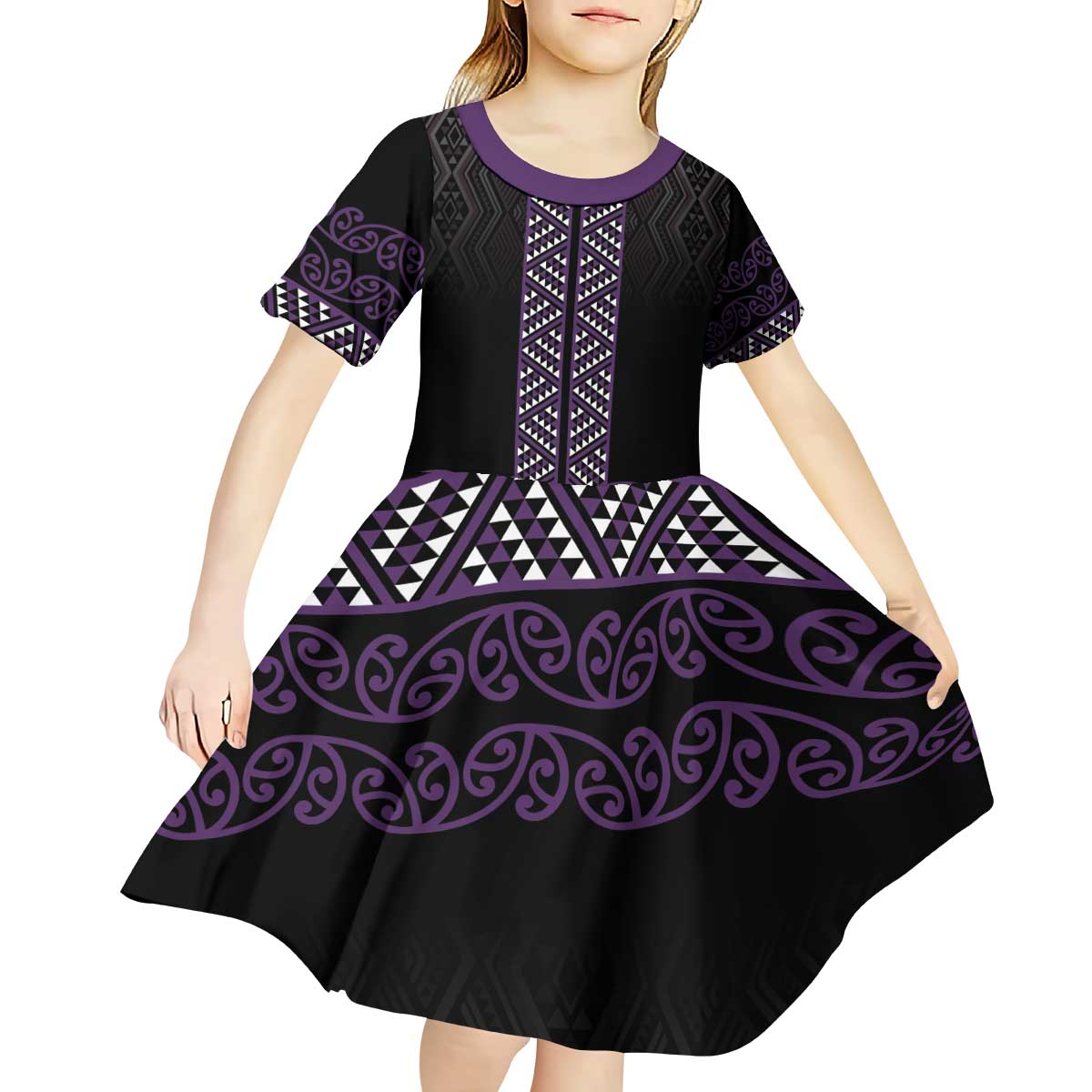 Maori Taniko Patterns Kid Short Sleeve Dress Purple Niho Taniwha Mix Paatiki Motifs