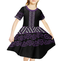 Maori Taniko Patterns Kid Short Sleeve Dress Purple Niho Taniwha Mix Paatiki Motifs