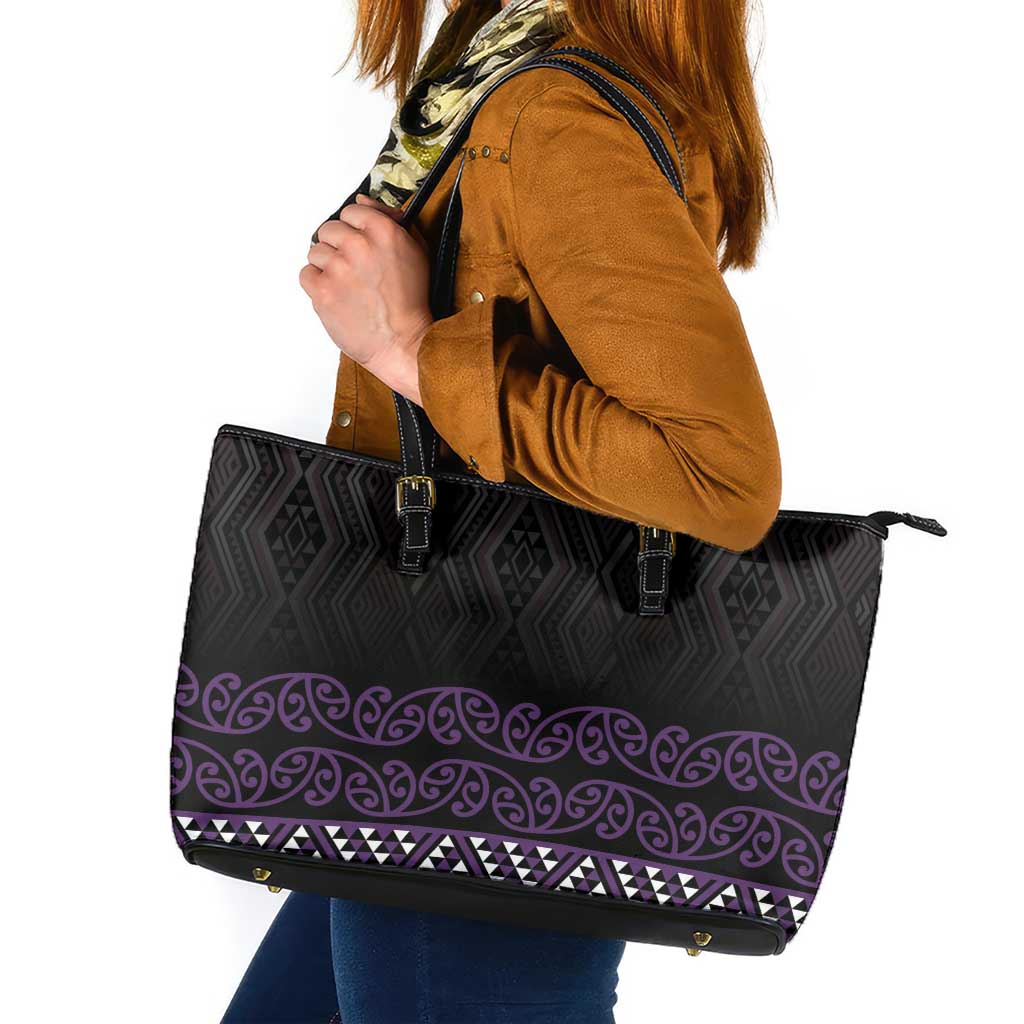 Maori Taniko Patterns Leather Tote Bag Purple Niho Taniwha Mix Paatiki Motifs LT7 Purple - Polynesian Pride