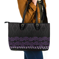 Maori Taniko Patterns Leather Tote Bag Purple Niho Taniwha Mix Paatiki Motifs