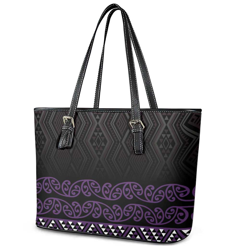 Maori Taniko Patterns Leather Tote Bag Purple Niho Taniwha Mix Paatiki Motifs