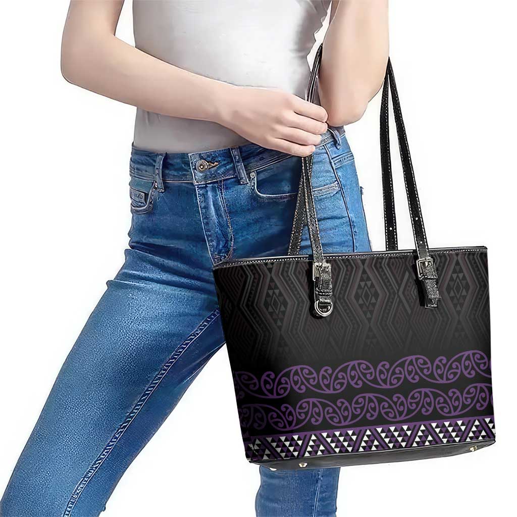 Maori Taniko Patterns Leather Tote Bag Purple Niho Taniwha Mix Paatiki Motifs