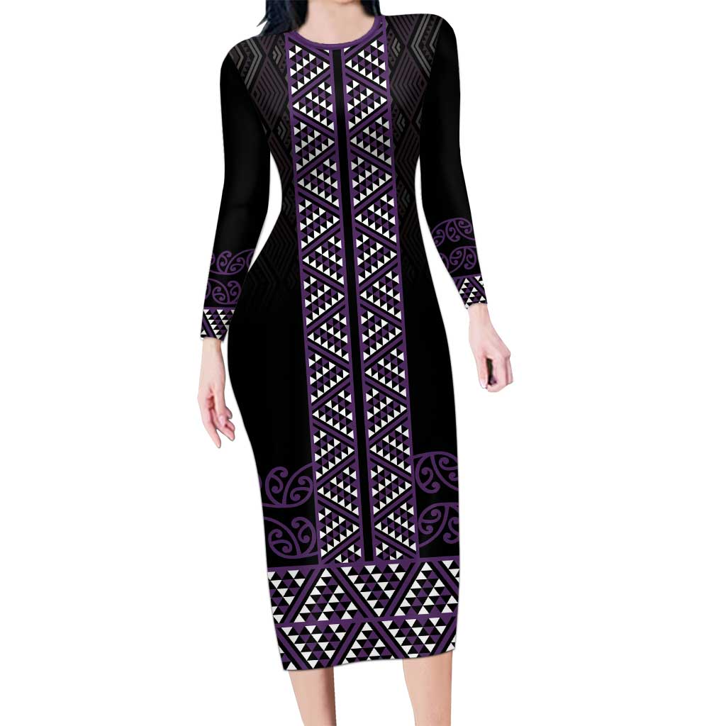 Maori Taniko Patterns Long Sleeve Bodycon Dress Purple Niho Taniwha Mix Paatiki Motifs