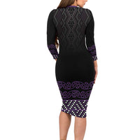 Maori Taniko Patterns Long Sleeve Bodycon Dress Purple Niho Taniwha Mix Paatiki Motifs