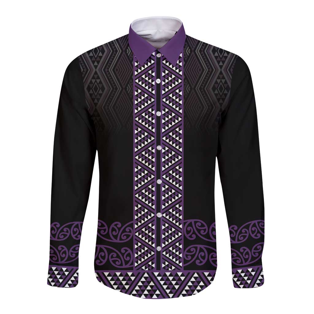 Maori Taniko Patterns Long Sleeve Button Shirt Purple Niho Taniwha Mix Paatiki Motifs LT7 Unisex Purple - Polynesian Pride