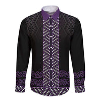 Maori Taniko Patterns Long Sleeve Button Shirt Purple Niho Taniwha Mix Paatiki Motifs LT7 Unisex Purple - Polynesian Pride