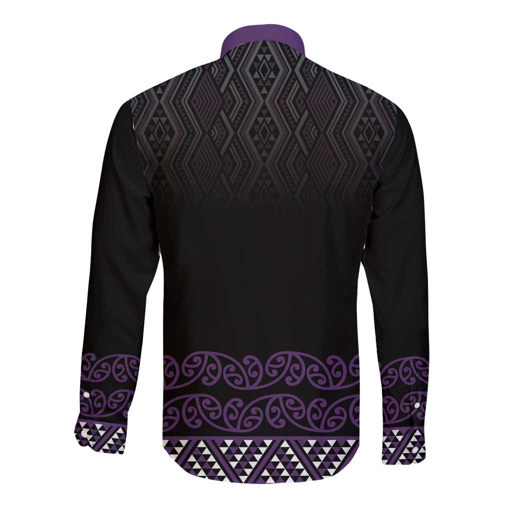Maori Taniko Patterns Long Sleeve Button Shirt Purple Niho Taniwha Mix Paatiki Motifs LT7 - Polynesian Pride