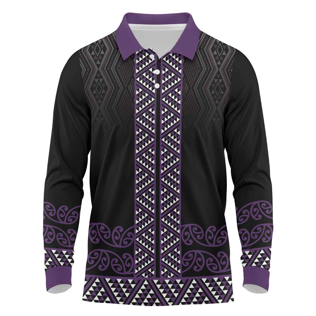 Maori Taniko Patterns Long Sleeve Polo Shirt Purple Niho Taniwha Mix Paatiki Motifs