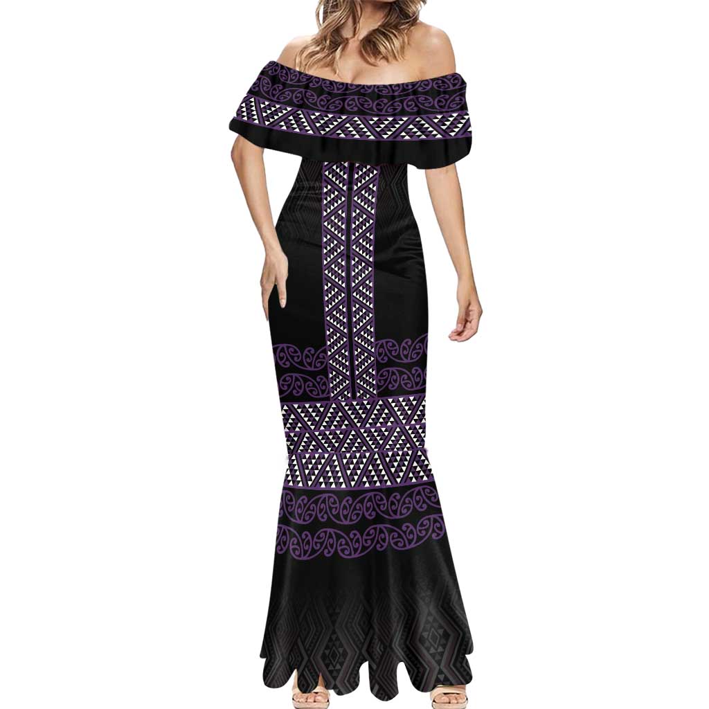 Maori Taniko Patterns Mermaid Dress Purple Niho Taniwha Mix Paatiki Motifs
