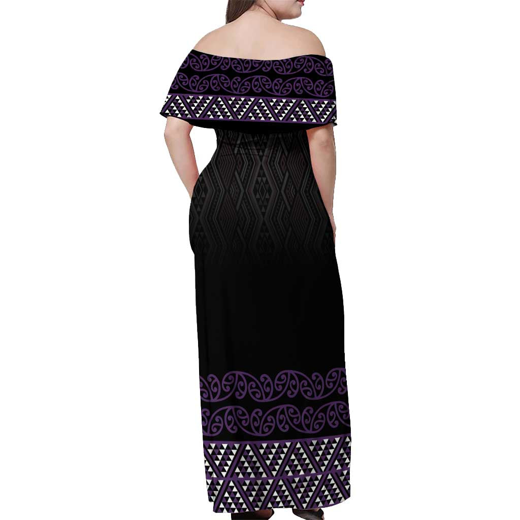 Maori Taniko Patterns Off Shoulder Maxi Dress Purple Niho Taniwha Mix Paatiki Motifs