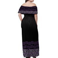 Maori Taniko Patterns Off Shoulder Maxi Dress Purple Niho Taniwha Mix Paatiki Motifs