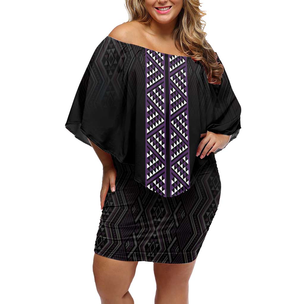Maori Taniko Patterns Off Shoulder Short Dress Purple Niho Taniwha Mix Paatiki Motifs