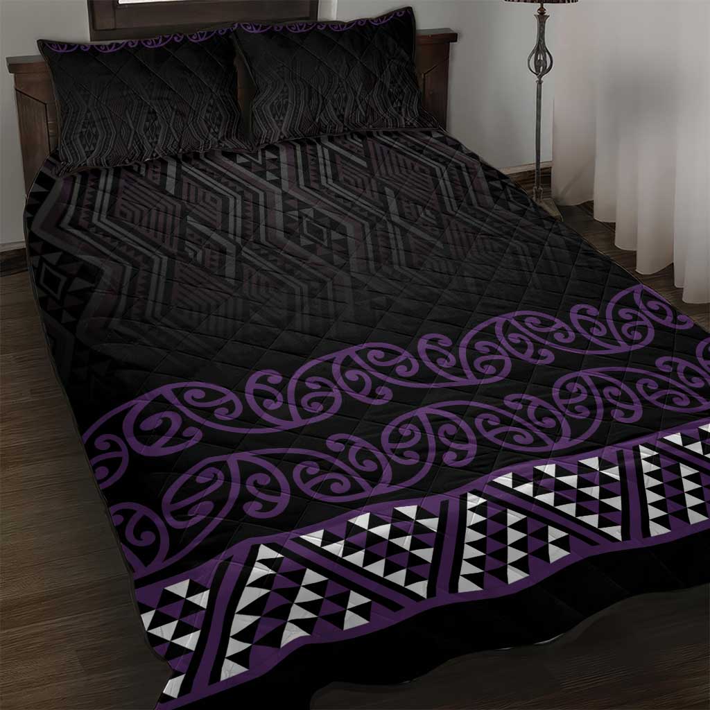 Maori Taniko Patterns Quilt Bed Set Purple Niho Taniwha Mix Paatiki Motifs