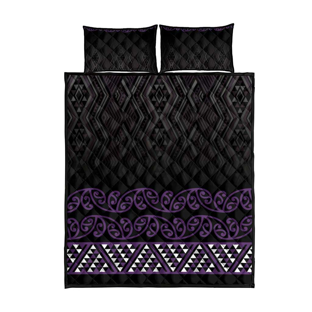 Maori Taniko Patterns Quilt Bed Set Purple Niho Taniwha Mix Paatiki Motifs