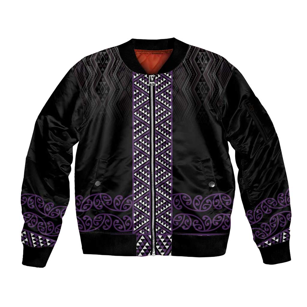 Maori Taniko Patterns Sleeve Zip Bomber Jacket Purple Niho Taniwha Mix Paatiki Motifs LT7 Unisex Purple - Polynesian Pride