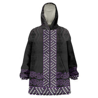 Maori Taniko Patterns Wearable Blanket Hoodie Purple Niho Taniwha Mix Paatiki Motifs