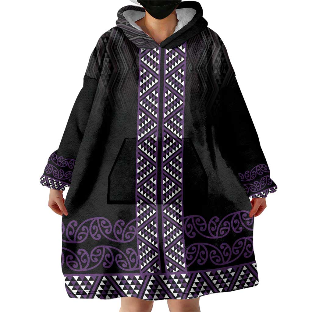 Maori Taniko Patterns Wearable Blanket Hoodie Purple Niho Taniwha Mix Paatiki Motifs