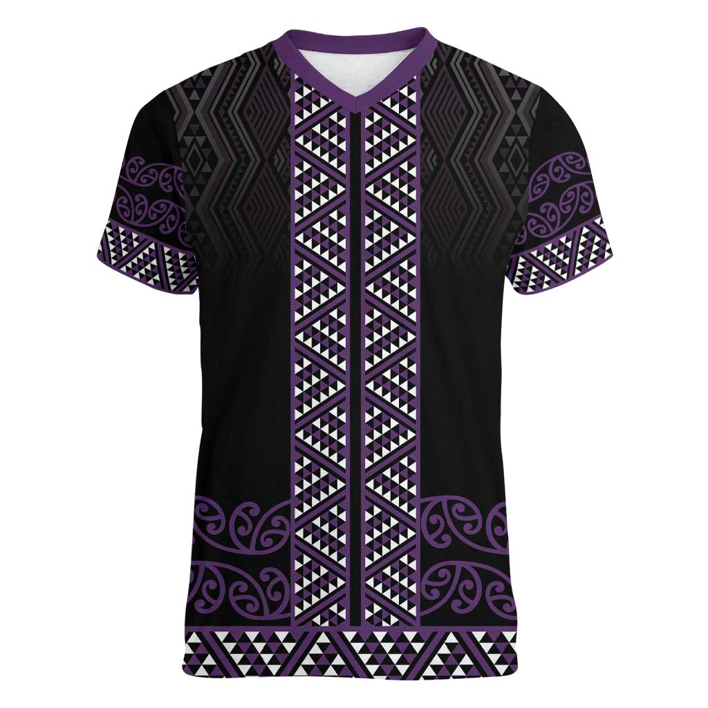 Maori Taniko Patterns Women V-Neck T-Shirt Purple Niho Taniwha Mix Paatiki Motifs LT7 Female Purple - Polynesian Pride