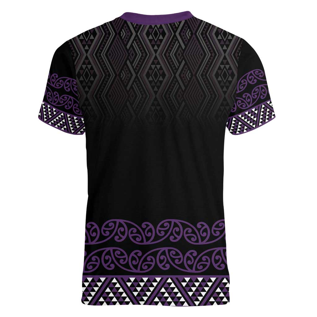 Maori Taniko Patterns Women V-Neck T-Shirt Purple Niho Taniwha Mix Paatiki Motifs LT7 - Polynesian Pride