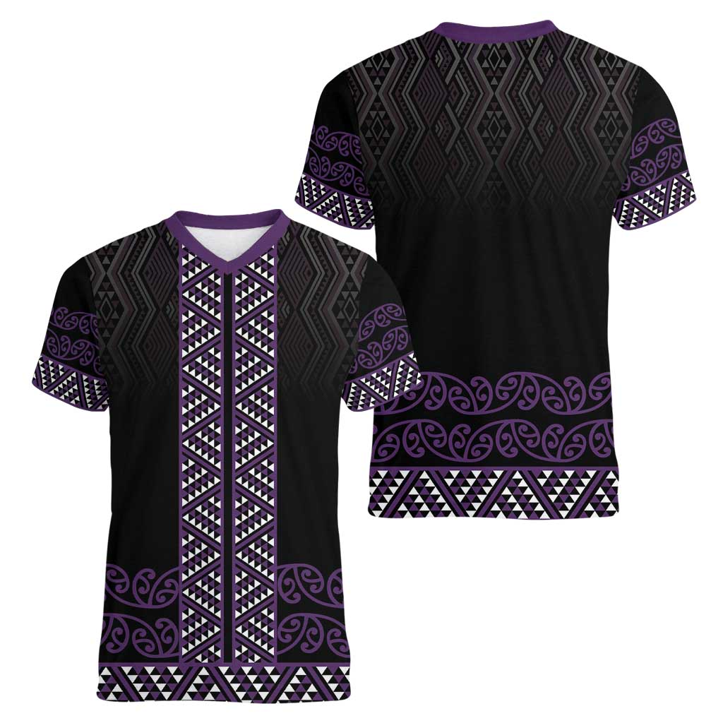 Maori Taniko Patterns Women V-Neck T-Shirt Purple Niho Taniwha Mix Paatiki Motifs LT7 - Polynesian Pride