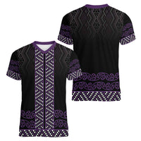 Maori Taniko Patterns Women V-Neck T-Shirt Purple Niho Taniwha Mix Paatiki Motifs LT7 - Polynesian Pride