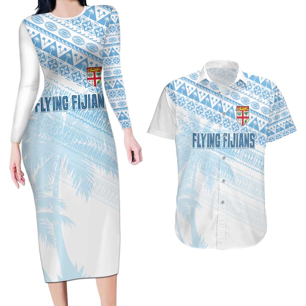 Fiji Rugby Custom Kaiviti Masi Couples Matching Long Sleeve Bodycon Dress and Hawaiian Shirt Turquoise - Polynesian Pride