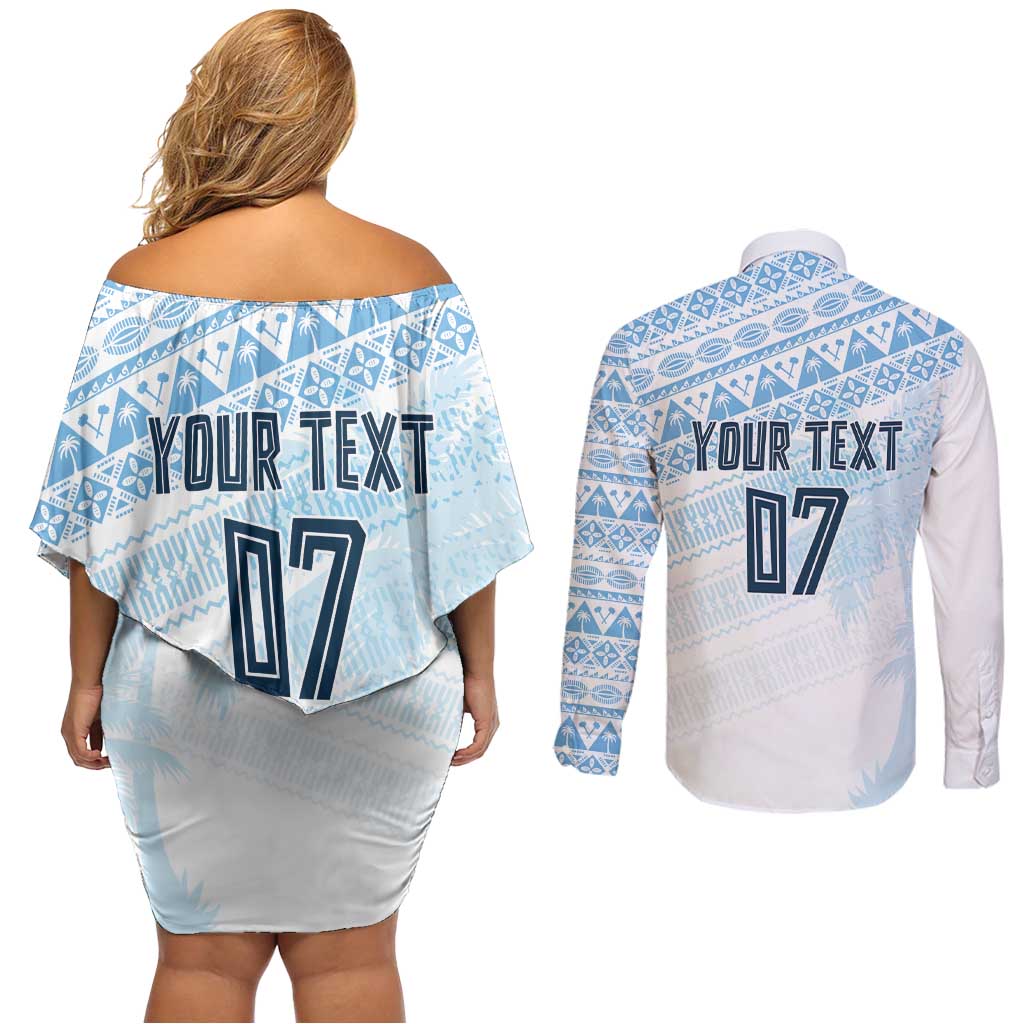 Fiji Rugby Custom Kaiviti Masi Couples Matching Off Shoulder Short Dress and Long Sleeve Button Shirt Turquoise - Polynesian Pride