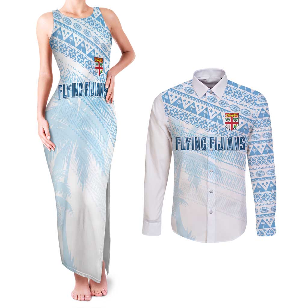 Fiji Rugby Custom Kaiviti Masi Couples Matching Tank Maxi Dress and Long Sleeve Button Shirt Turquoise - Polynesian Pride