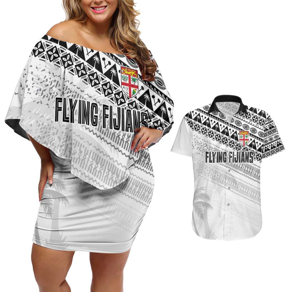 Fiji Rugby Custom Kaiviti Masi Couples Matching Off Shoulder Short Dress and Hawaiian Shirt Black - Polynesian Pride