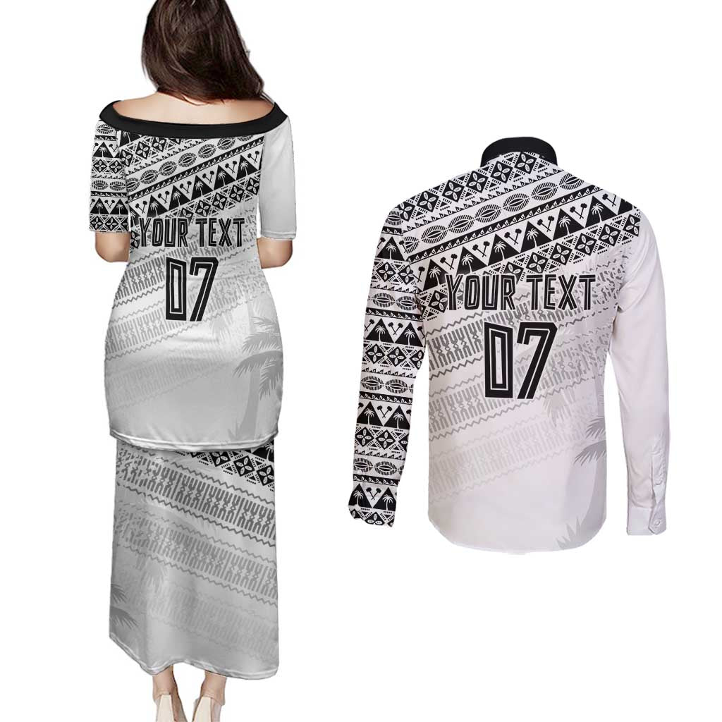 Fiji Rugby Custom Kaiviti Masi Couples Matching Puletasi and Long Sleeve Button Shirt Black - Polynesian Pride
