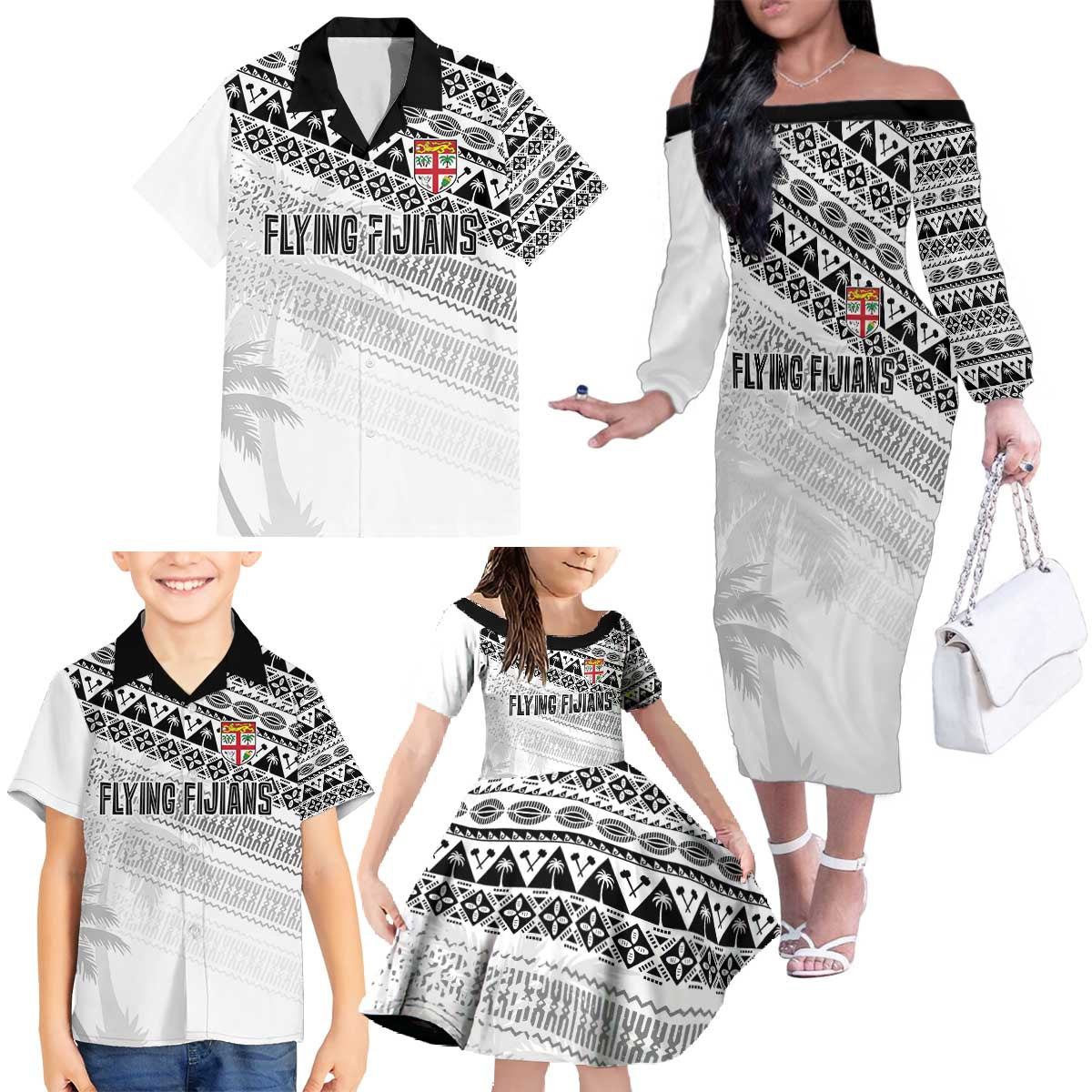 Fiji Rugby Custom Kaiviti Masi Family Matching Off The Shoulder Long Sleeve Dress and Hawaiian Shirt Black - Polynesian Pride