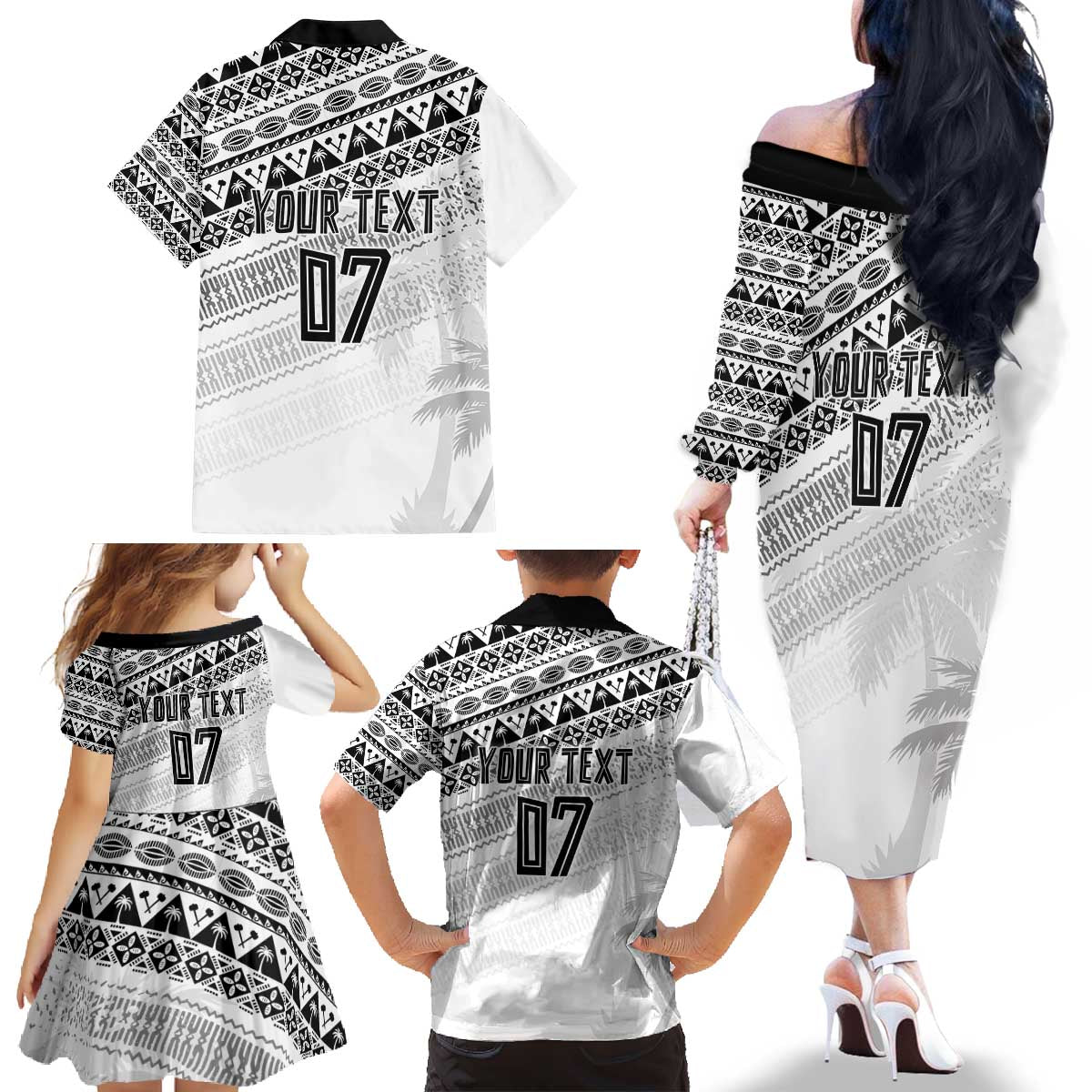 Fiji Rugby Custom Kaiviti Masi Family Matching Off The Shoulder Long Sleeve Dress and Hawaiian Shirt Black - Polynesian Pride