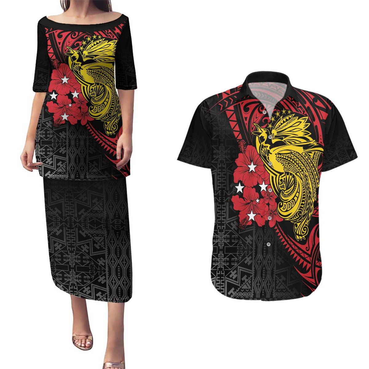 Papua New Guinea 49th Independence Day Couples Matching Puletasi and Hawaiian Shirt Motuan Revareva Bird-of-Paradise