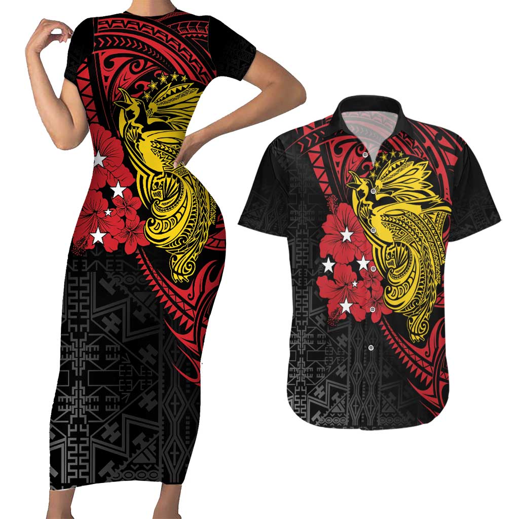 Papua New Guinea 49th Independence Day Couples Matching Short Sleeve Bodycon Dress and Hawaiian Shirt Motuan Revareva Bird-of-Paradise