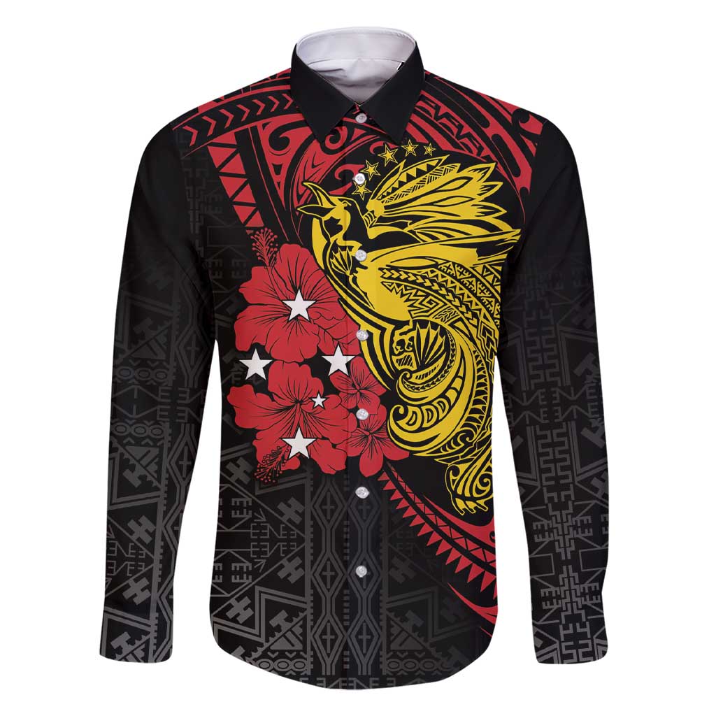 Papua New Guinea 49th Independence Day Family Matching Short Sleeve Bodycon Dress and Hawaiian Shirt Motuan Revareva Bird-of-Paradise LT7 Dad's Shirt - Long Sleeve Black - Polynesian Pride